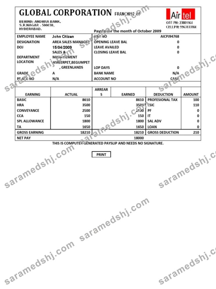 INDIA AIRTEL multinational telecommunications services company payslip in Word and PDF formats